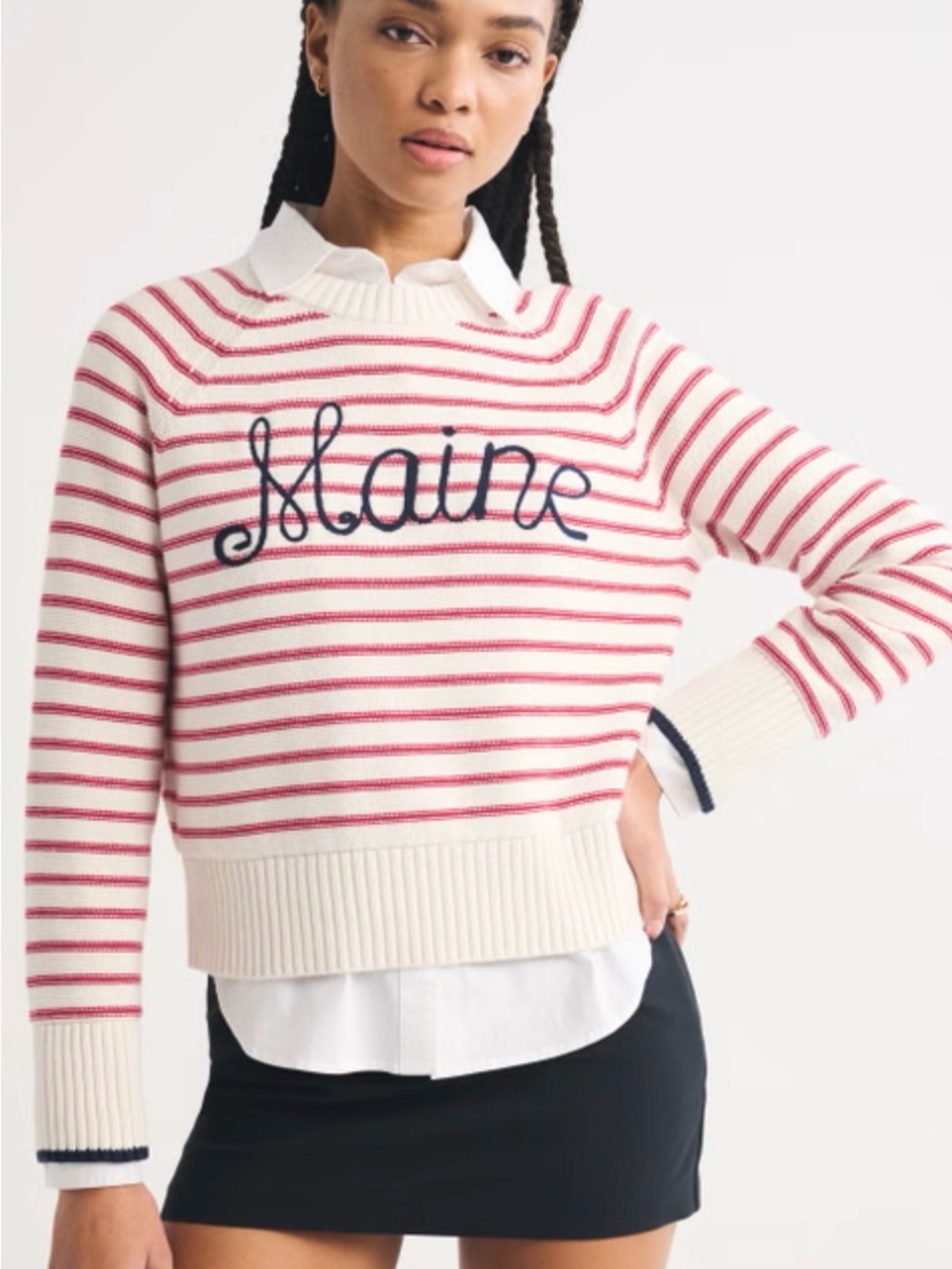 Abercrombie & Fitch Cream Sweater with Red Stripes and Navy Script